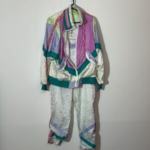 🌞 Clipper Bay vintage 80s 90s white colorful track suit jacket (& pants) M